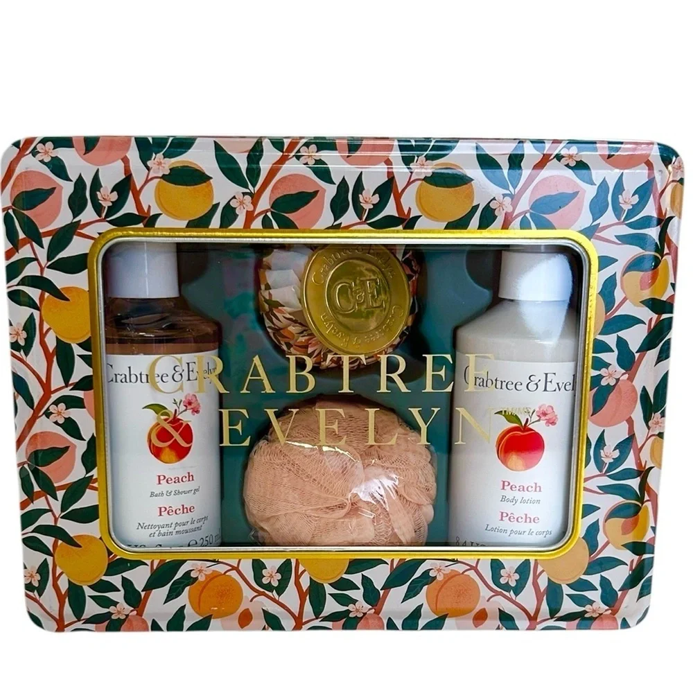 Crabtree & Evelyn Peach Body Wash‎ Lotion Soap Sponge Shower Loofah 4 pc. Set